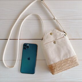 倉敷帆布　 かごバッグ　　スマホポシェット　スマホショルダー　春夏　軽量　帽子ブレード　（キナリ×ナチュラル）
