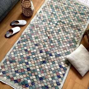 56×90 パッチワークブラウン×赤×紋章オーバーダイトルコヴィンテージラグ