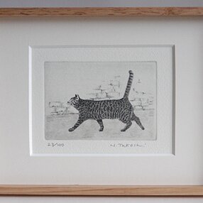 額付き銅版画応用絵画「プカプカ猫inSky」