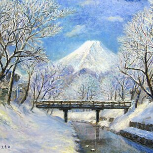 肉筆油絵◇『青のやまなみ』◇がんどうあつし真作直筆絵画F8号シルバー