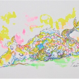 原画 1点もの カエル 蛙 額装付き ボールペン画 日本人作家 色鉛筆画