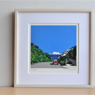 版画作品 湘南イラスト「坂の向こう側」 フレーム(額)入り （七里ヶ浜