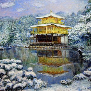 ○『金の太陽の発展黄富士』○がんどうあつし絵画油絵額付黄色開運金運