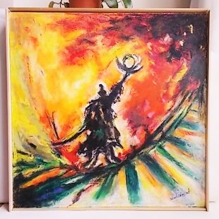 ○『紫の富士』○がんどうあつし絵画油絵F3号ホワイト額縁付○モーヴ 
