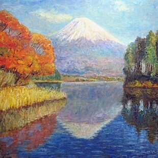 ○『金の太陽の朱色に染まる富士』がんどうあつし絵画油絵24K純金太陽
