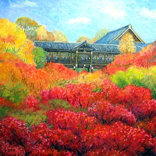 優しいピンクの◎『桜色に染まる金の太陽と富士山』がんどうあつし油絵