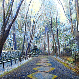 肉筆原画○【プラチナ青のひかり】○がんどうあつし絵画油絵シルバー額 
