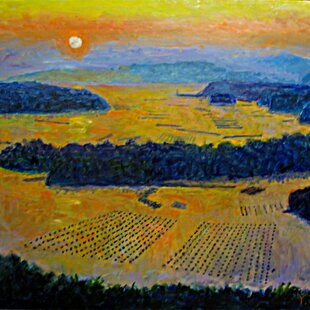 肉筆油絵○河口湖からのラベンダー富士○がんどうあつし直筆絵画額縁付