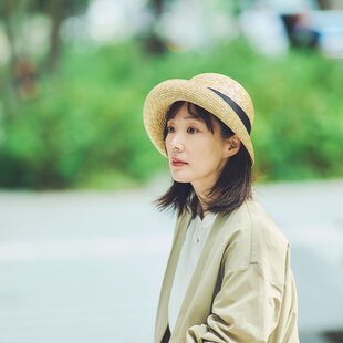 大島紬つば広ハット：藍大島×花模様の紬・着物リメイク・着物地帽子