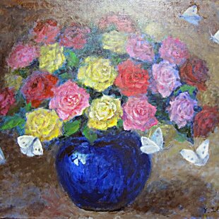 肉筆油絵○河口湖からのラベンダー富士○がんどうあつし直筆絵画額縁付