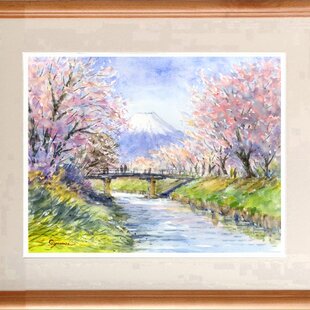 ○『西湖から陽色に染まる朝日の富士山』がんどうあつし油絵原画F4額付