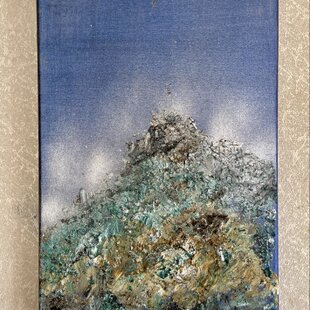○『太陽と新緑の緑富士』○がんどうあつし絵画油絵F4号グリーン額付
