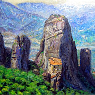 油彩画 メティオラ修道院　山と修道院の風景 インテリア　アンティーク 天空のルサン修道院 | iichi 日々の暮らしを心地よくするハンドメイド