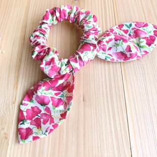 金沢リネンブルーの実花リーフ刺繍リボンヘアゴム♡ハンドメイド