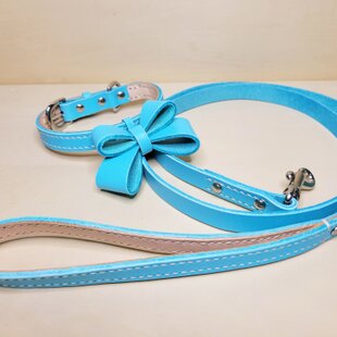 本革製 小型犬向き 【リード＋リボン付き首輪】Set (グリーン