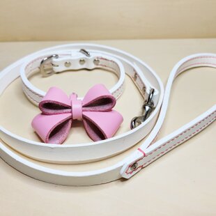 本革製 小型犬向き 【リード＋リボン付き首輪】Set (ホワイトx