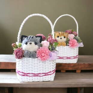 プリザーブドフラワーバスケット　黒ネコ ピンク＆グリーン もこペット【グレー猫・ピンク】 プリザーブドフラワー バスケット