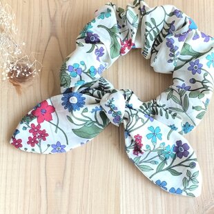 金沢リネンブルーの実花リーフ刺繍リボンヘアゴム♡ハンドメイド