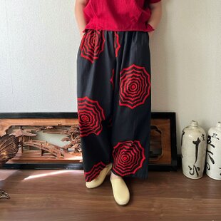 手ぬぐいリメイクサルエルパンツ☆墨絵みたいな柿渋染めキュートな大人