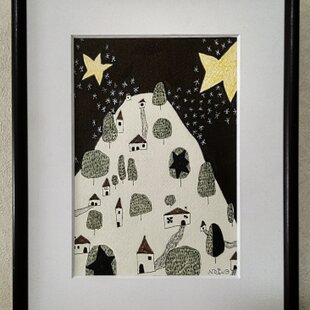 ✡️特選【原画一点物】イラストアート（額付） 一点物｜絵画｜原画「原っぱ」イラスト ※額縁入り（四つ切サイズ）送料