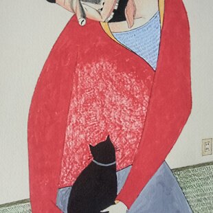 原画 肉筆 1点もの ボールペン画 三毛猫 額入り 猫の絵 壁掛け 額装