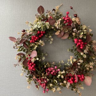 ミニポインセチアと木の実 ウィンターリース：クリスマスリース りんご