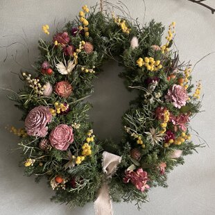 専用＊ミモザ ＆ルナリア アンティーク ドライフラワーリース 紅花のアンティーク風リース ドライフラワーリース ルナリア スモーク