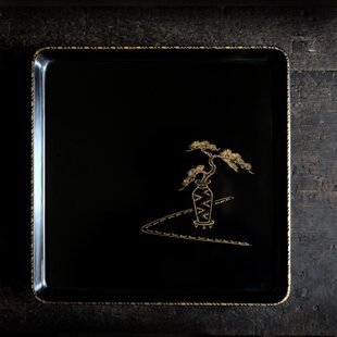 花器に松の一輪挿し◇古輪島塗 漆芸黒塗沈金四方脚付き膳 盆 漆器 骨董