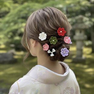 七五三 髪飾り つまみ細工 藤色×白の上品セット｜大輪7cm・小花・和玉