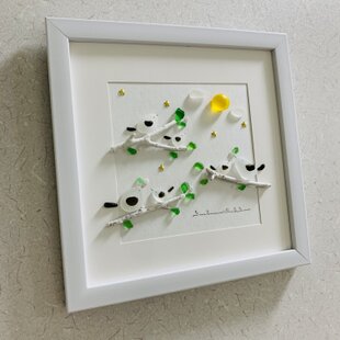 シーグラスアート 海の宝石 小鳥の家族 風景画 インテリア雑貨 観葉