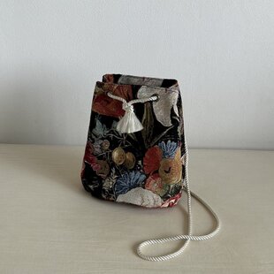 リネンと絹の手織り巾着バックマルチカラー 20cm×22cm×8cm | iichi
