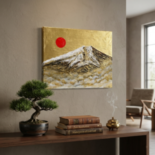 アトリエ富士吉田から金の赤富士○がんどうあつし絵画油絵F6号額縁付