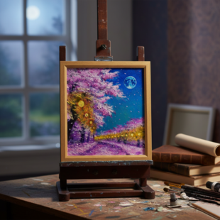 肉筆油絵○河口湖からのラベンダー富士○がんどうあつし直筆絵画額縁付