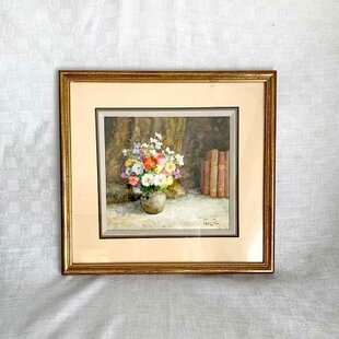 絵画 水彩画 花瓶の花 花と本 額付き フランス額装店サイン入り