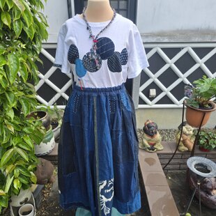 着物リメイク 手作り 筒描き 藍の濃淡 BORO ジャンパースカート