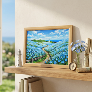 油彩画 原画】初夏の水鏡 〜きらめく青空と水田〜 A4絵画 田舎の風景