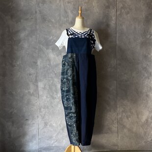 着物リメイク 藍無地木綿、型染めをサロペット パンツにリメイク 型