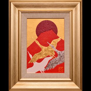 黄金色に輝く海と空の夕景 油絵 原画 色紙(サイズ) 【いつか見た黄金色