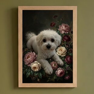 A4額装 犬（ミニチュアダックスフンド）の花の油絵風アート 犬 A3