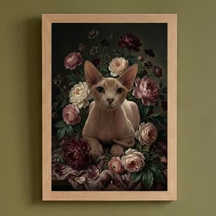 猫（ラグドール）の花に囲まれた油絵風アート A4額装インテリア壁掛け