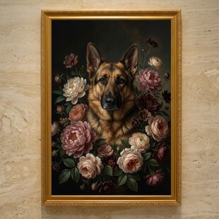 犬（ジャーマンシェパード）の花に囲まれた油絵風アート A3額装
