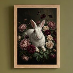 うさぎ（ニュージーランドホワイト）の花の油絵風アート A4額装
