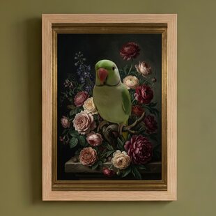 インコ（ナナイロメキシコインコ）の花の油絵風アート A4額装