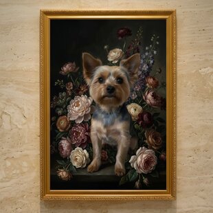 犬（ヨークシャーテリア）の花に囲まれた油絵風アート A3額装