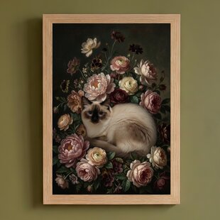 猫（バリニーズ）の花に囲まれた油絵風アート A4額装インテリア壁掛け