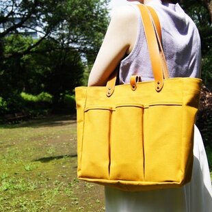 [☆n.k.d☆]8号/11号×旧倉敷帆布×8番糸 スクエアトートバッグＬ 革の持ち手の6号帆布のスクエアトートバッグ～マスタード（倉敷帆布