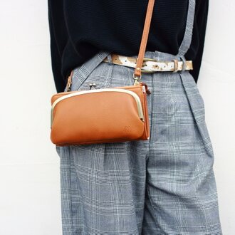 お財布ショルダー　キャメル　がま口　スマホ財布　姫路レザーaw-17nns