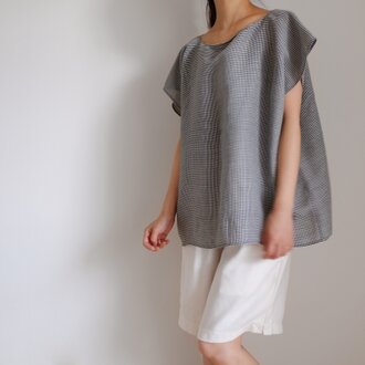 スクエアーフレンチスリーブ シャツ / ダイヤチェック リネン 【 黒白 】ボートネック＜受注製作＞