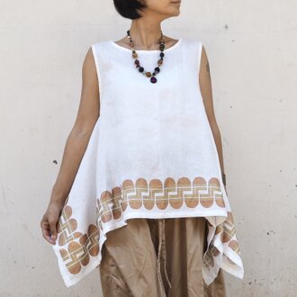 リネン/ノースリーブ変形プルオーバーブラウス/オフホワイト《木版プリント》