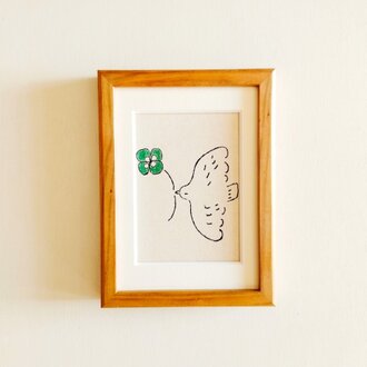 原画 「幸せを運ぶ（四葉のクローバー）」※2Lサイズ木製額縁入り　・イラスト・インテリアアート・ドローイング・送料無料